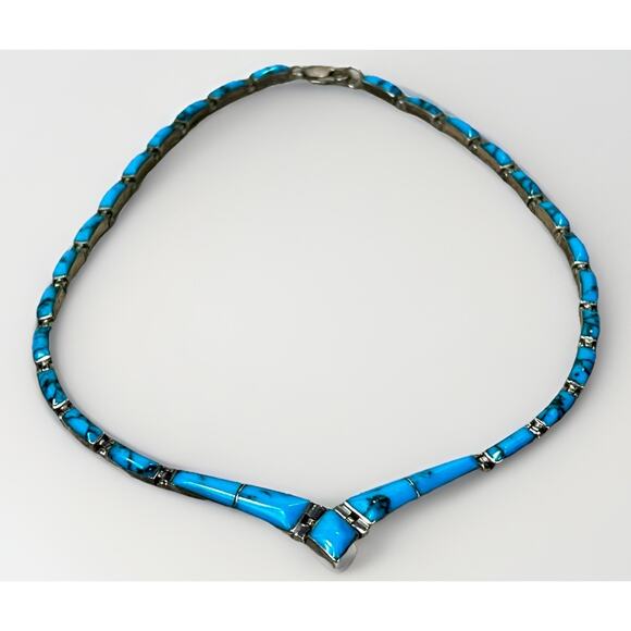 VTG Taxco Sterling Silver 950 Turquoise Inlay Hinged Panel Collar Necklace 22.7g - Picture 4 of 16